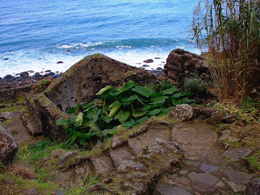 Marches sur la pente à côté des ruines des moulins à eau sur le chemin de Praia da Viola Marches sur la pente à côté des ruines des moulins à eau sur le chemin de Praia da Viola