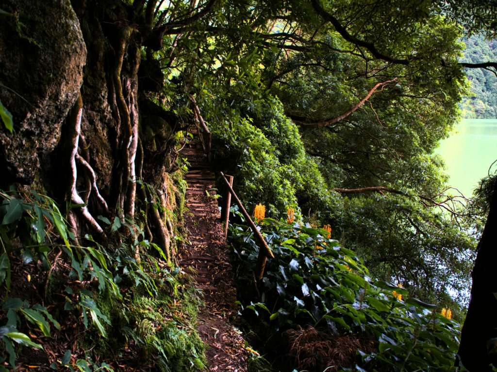 Steilerer Abschnitt des Wanderwegs am Ufer des Lagoa Verde Steilerer Abschnitt des Wanderwegs am Ufer des Lagoa Verde